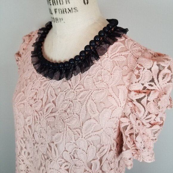 Vintage Style Pink Lace A Line Shift Dress w/ Net Covered Black Beaded Neckline - Picture 5 of 8